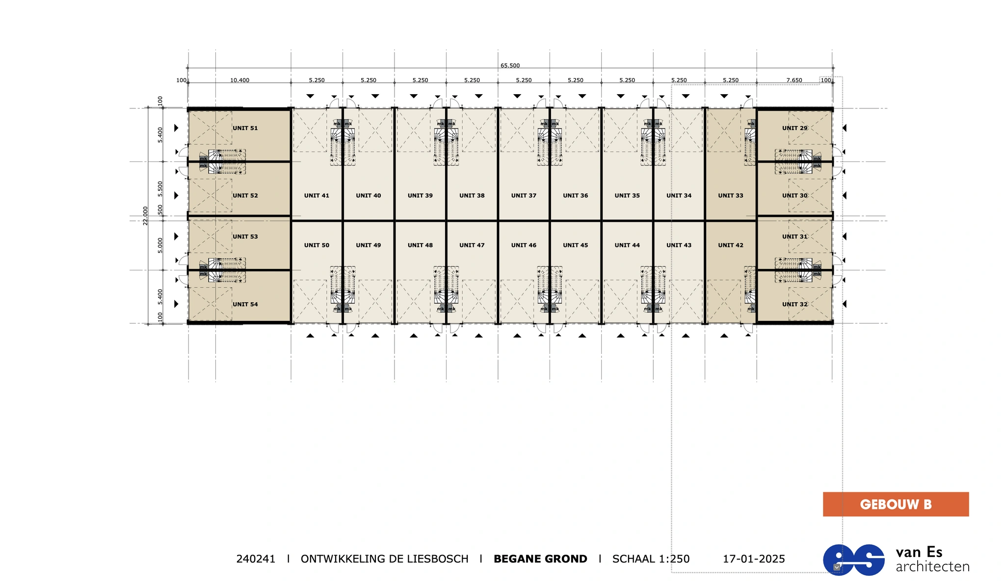 Plattegrond van de begane grond van gebouw B in ontwikkeling De Liesbosch, met gemarkeerde units 29 t/m 54.